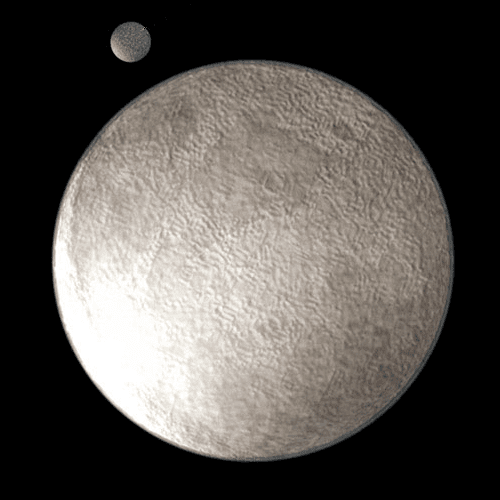 Representación artística del planeta enano Eris y sus satélite Disnomia.