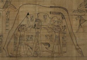 Detalle del Papiro Greenfield (ca. 950 a.C.). Representación de Shu (aire) separando a Nut (el cielo) de Geb (la tierra). ©British Museum, EA10554,87.