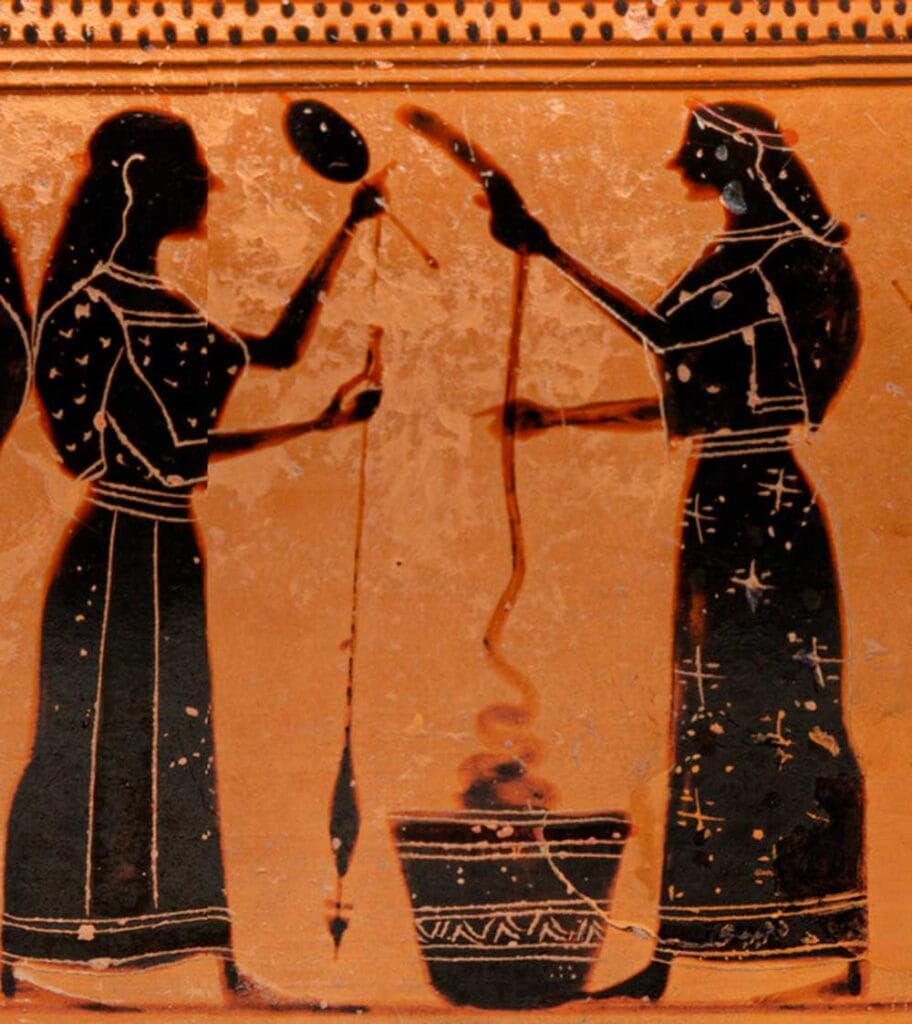 Detalle de un lekythos de terracota (ca. 550–530 a.C.). Imagen de dominio público. Fuente: Metmuseum.org