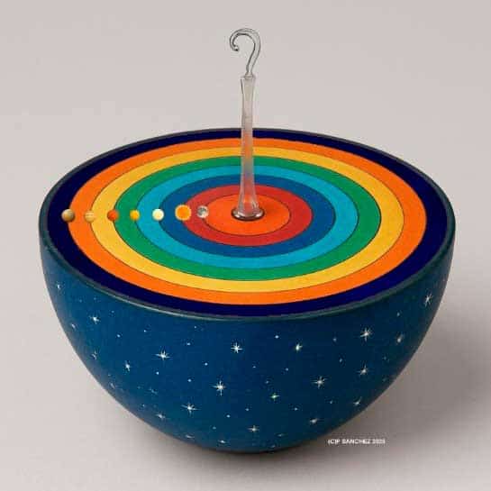 Imagen interpretativa y aproximada del huso de la necesidad en el mito de Er. Imagen del autor (Wikimedia Commons, CC BY-SA 4.0)