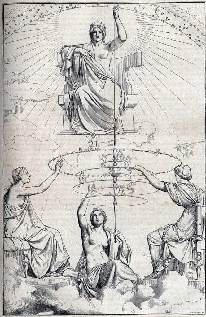 “Ananké y sus hijas las Moiras”. Lechevallier-Chevignard, 1857. Ilustración para una edición moderna de la obra de Platón La República. Dominio Público.